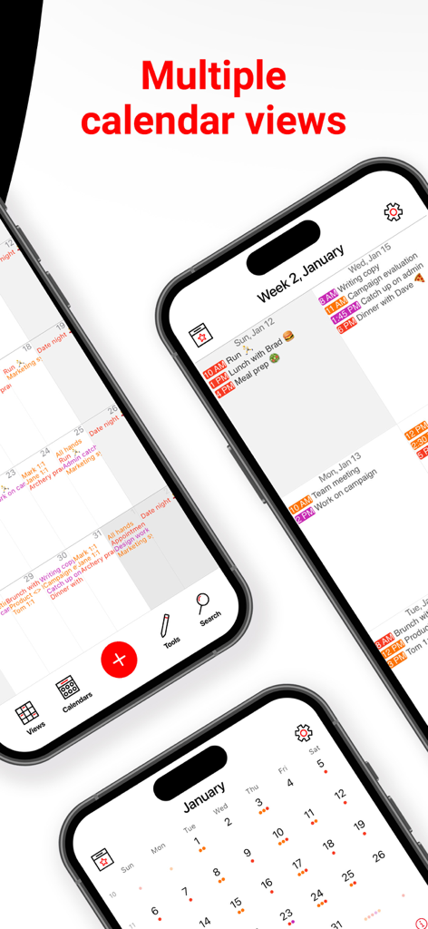 Drei iPhones mit verschiedenen Kalender-Layouts, einschließlich Agenda- und Monatsansichten