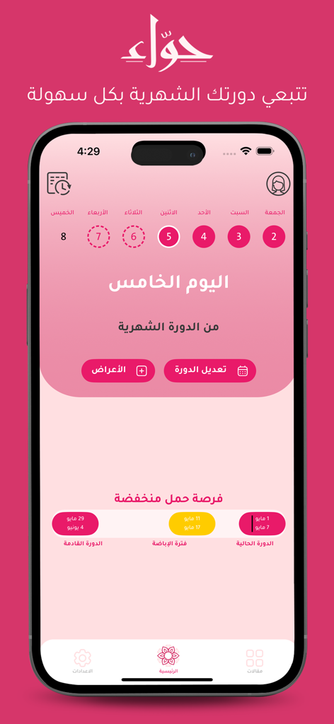 حواء - حسابه دورة شهرية - Dashboard dell'app di monitoraggio del ciclo Eve in arabo che mostra il giorno attuale del ciclo e le tempistiche di fertilità