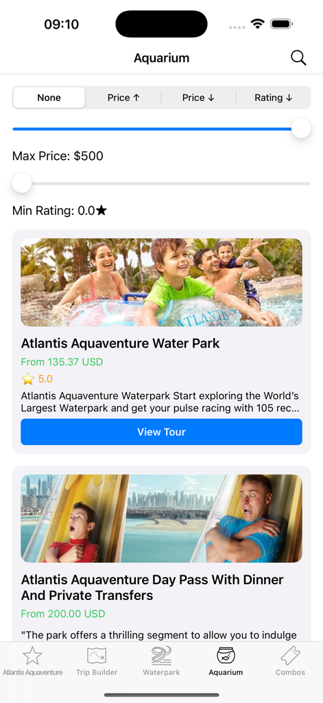 Screenshot dell'app Atlantis Aquaventure che mostra pacchetti di biglietti per l'acquario e filtri di ricerca.