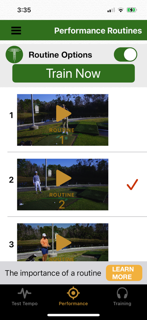 Tempo In Motion app performance routines screen with video swing training
