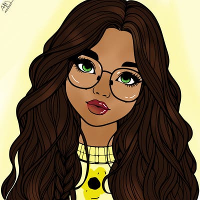 girl with long hair and freckles and glasses realistic