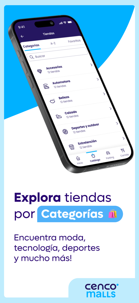 패션, 뷰티, 신발 등 다양한 매장 카테고리를 보여주는 Cenco Malls 앱 인터페이스
