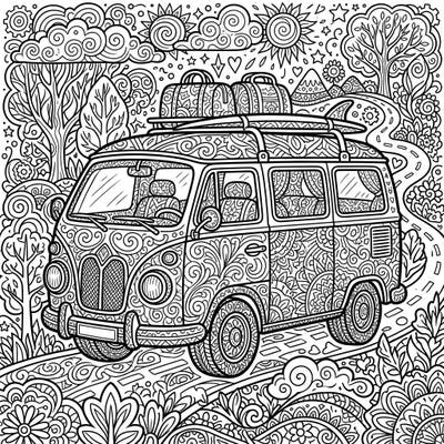 Unleash your creativity with this beautifully detailed adult coloring page, showcasing a vintage camper van ready for a grand adventure. Dive into a world of intricate patterns and bring this unique road trip scene to vibrant life.