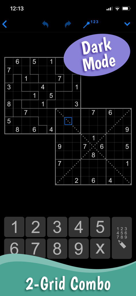 MultiSudoku: Samurai Sudoku - Gameplay d'un puzzle combo Sudoku Samurai à 2 grilles dans MultiSudoku en mode sombre