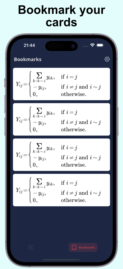 Bookmarks screen in the LaTeX OCR app showing a list of saved mathematical formulas displayed as cards