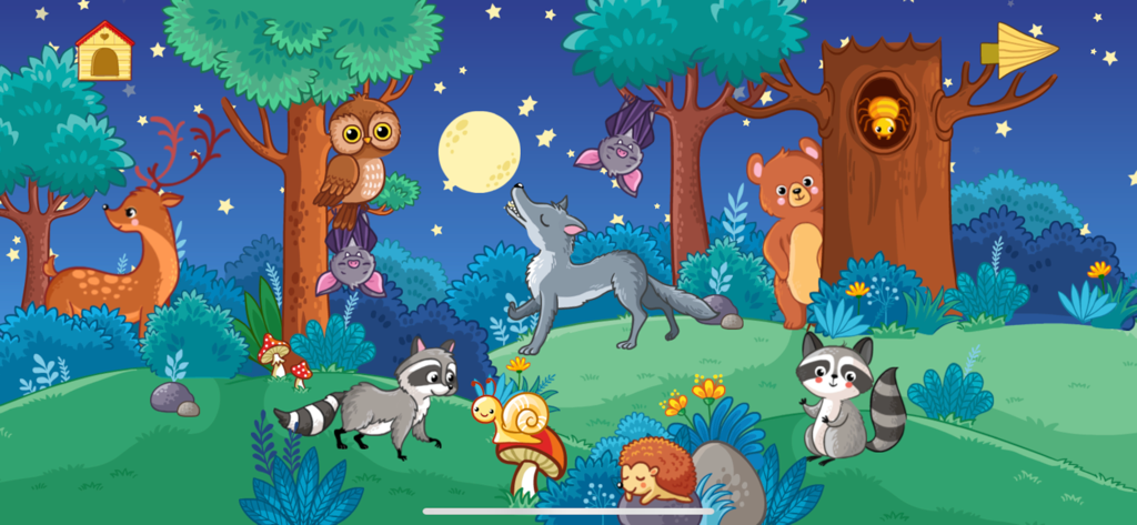 Baby animal games for kids - Cartoon illustration of night animals like a wolf and owl in a starry forest