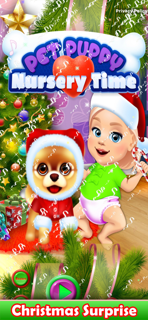 Pet Puppy Nursery Time - Tela principal de Pet Puppy Nursery Time com um filhote e um bebê em roupas de Papai Noel perto de uma árvore de Natal.