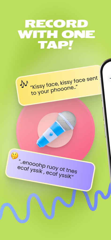 Reverse Singing Audio Play - Interface of the Reverse Singing app showing a microphone and examples of reversed lyrics for creative audio recording
