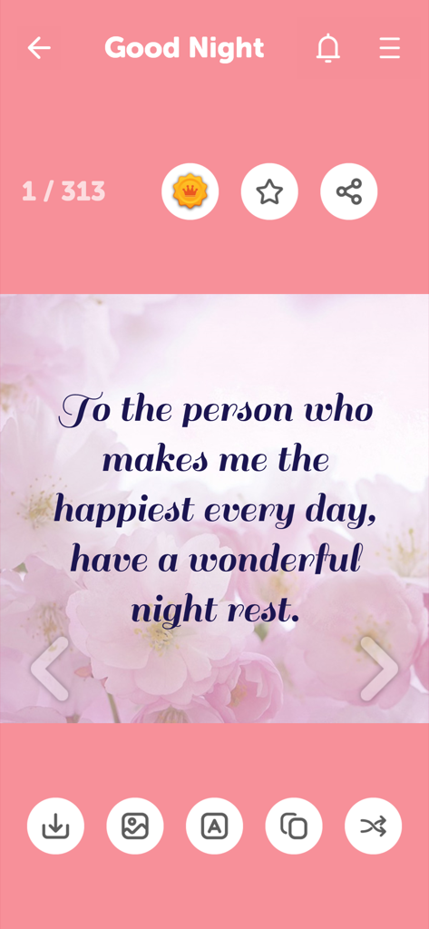 Love Messages - Quotes - A romantic good night message displayed on a soft pink floral background with elegant cursive typography within the Love Messages app interface.