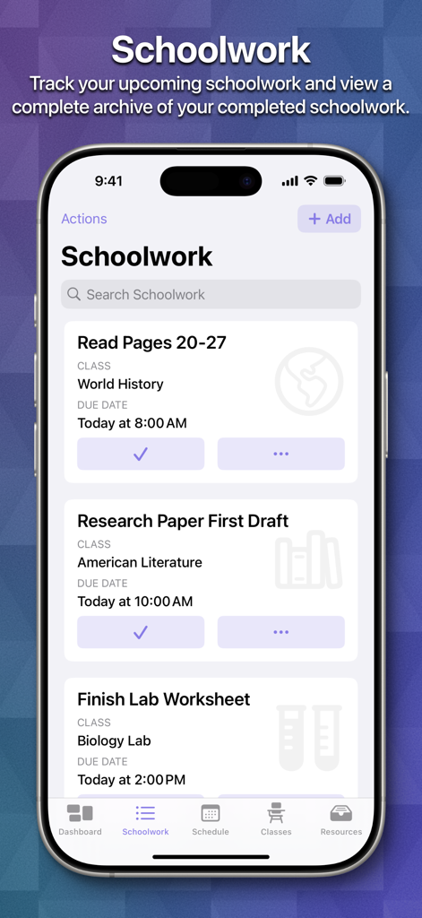 iPhone screen showing the Schoolwork section of the School Assistant app with a list of student assignments and deadlines