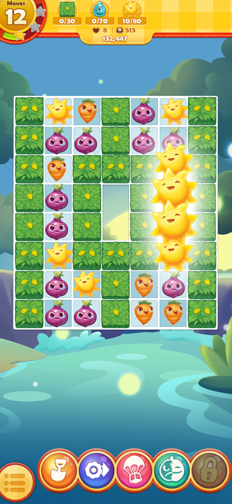 Pantalla de juego de Farm Heroes Saga mostrando una colorida cuadrícula de match-3 de soles sonrientes, zanahorias y cebollas.