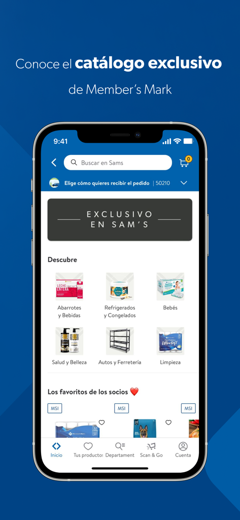 Sam's Club México - Sam's Club Mexiko Mobile App-Oberfläche, die Einkaufsabteilungen und exklusive Mitgliedsmarken anzeigt.