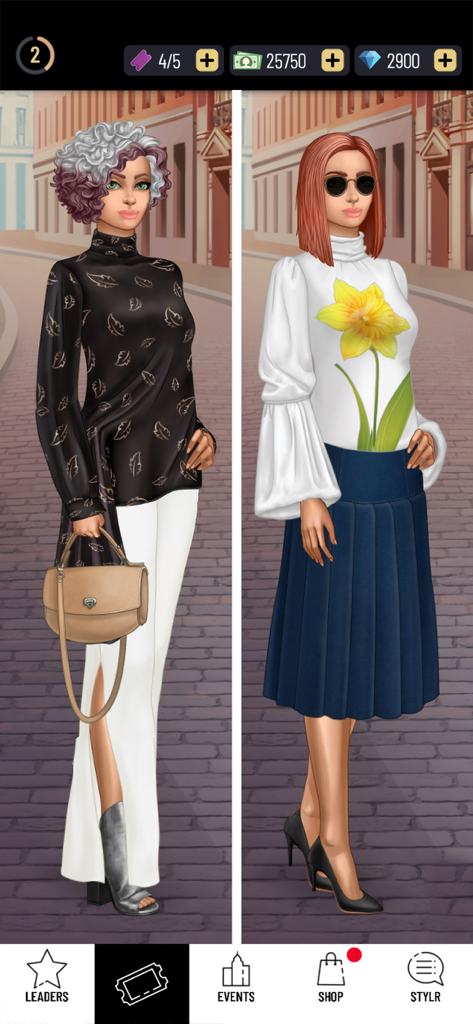 Pocket Styler: Fashion Stars - Dos avatares femeninos elegantes mostrando diferentes atuendos en Pocket Styler.