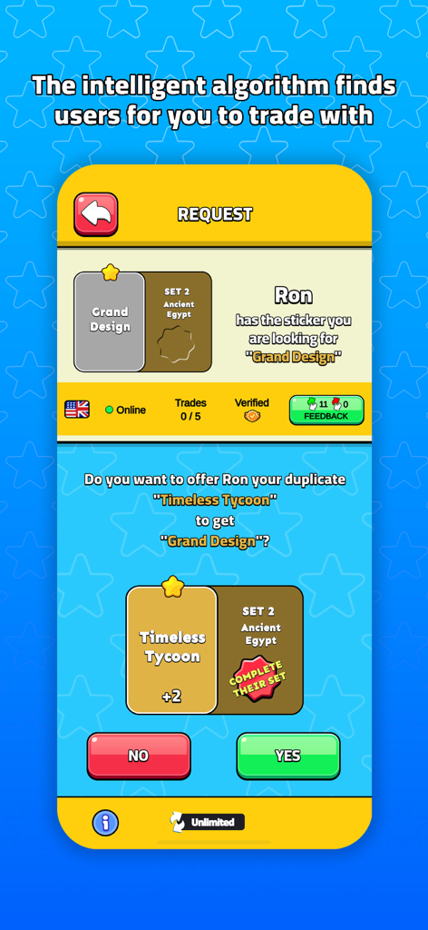 Sticker Trade - Mobile app interface showing a sticker exchange request between players to complete Monopoly GO albums