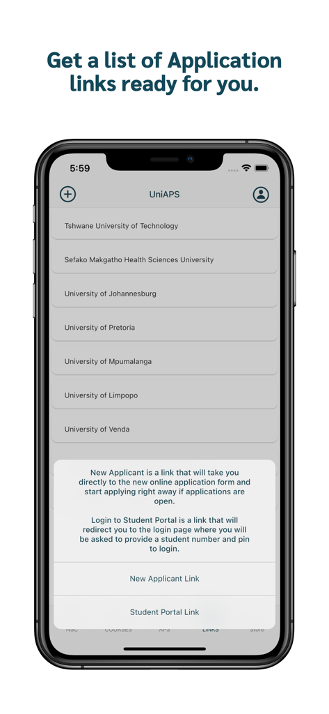 UniAPS - UniAPS mobile app interface displaying a list of South African university application links and student portal login options
