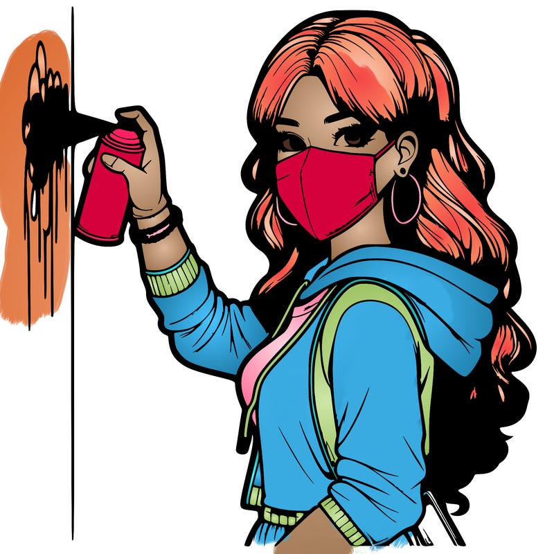 realistic girl with mask spray painting a wall