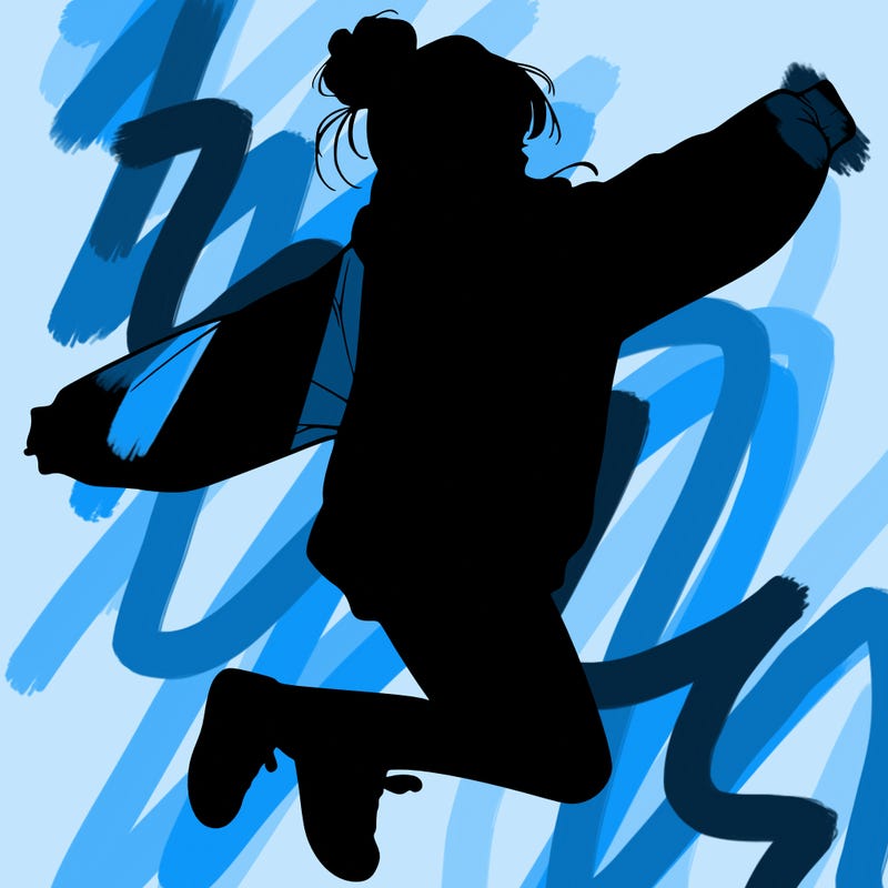 realistic girl jumping with a bun and oversized sweatshirt