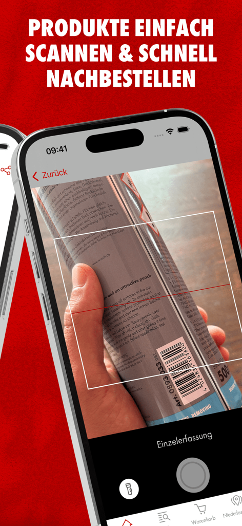 Würth Deutschland - プロフェッショナル製品を迅速に再注文するために、スマートフォンでWurthアプリのバーコードスキャナーを使用している人