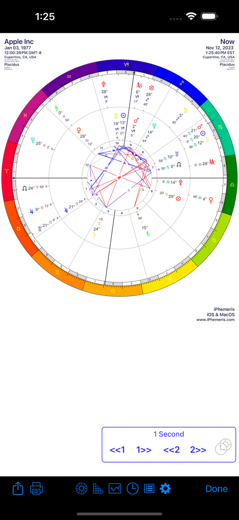 iPhemeris Astrology Charts - Professional astrological natal chart showing detailed planetary positions and house systems in the iPhemeris app