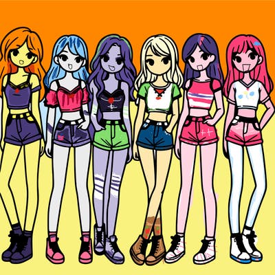 a group of girls wearing crop tops and shorts
