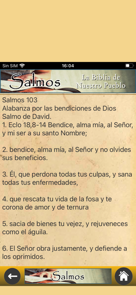 Salmos Bíblicos - Interfaz de la app Salmos Bíblicos mostrando el Salmo 103 en español sobre un fondo de pergamino