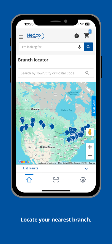 Nedco - Nedco mobile app branch locator showing a map with electrical supply store locations across Canada
