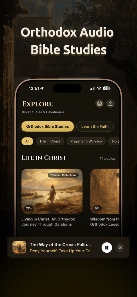 Athon: Orthodox Bible - Athon app interface showing the explore section with Orthodox audio Bible studies and a guided reflection on Galatians.