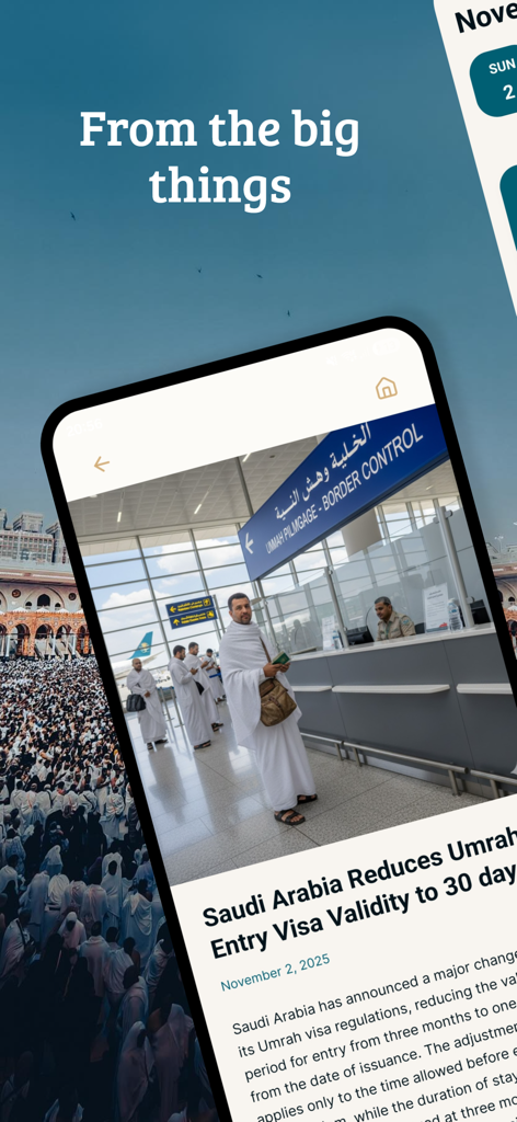 Screenshot of Umrah Guide app showing a news article about Saudi visa validity with a pilgrim at airport border control.
