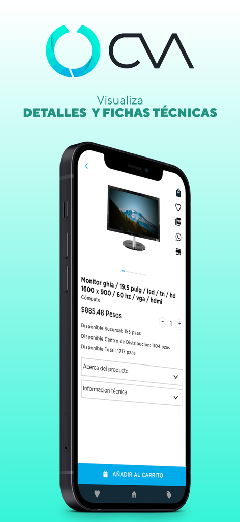CVA app product page displaying detailed specifications and pricing for a computer monitor