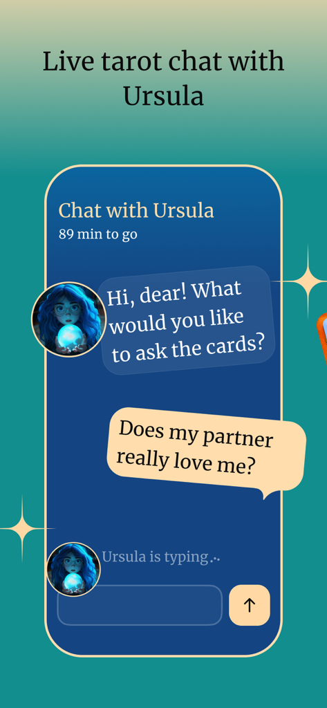 Ursula Tarot: Daily Horoscope - Live chat interface in the Ursula Tarot app where a user asks a love and relationship question