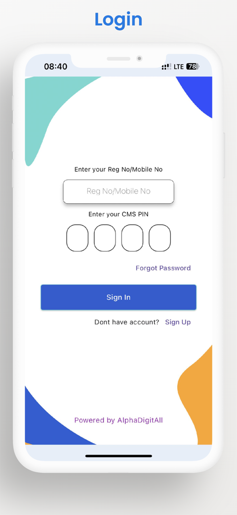 Tela de login do aplicativo CMH Health Assist mostrando campos para número de registro e entrada de PIN de quatro dígitos