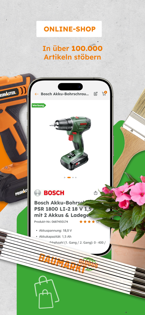 Globus Baumarkt - Interfaz de la tienda en línea de la aplicación Globus Baumarkt que muestra un taladro eléctrico en la pantalla de un smartphone.