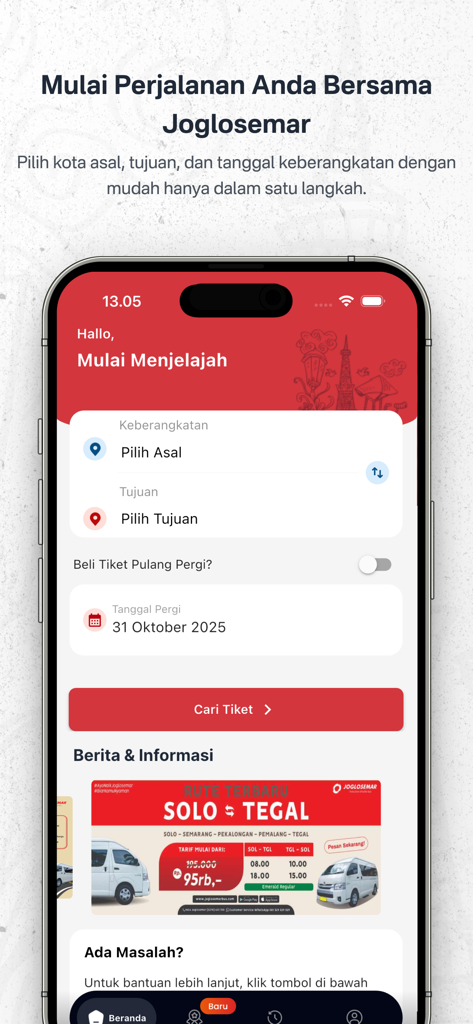 Joglosemar - Executive Shuttle - Main booking interface of the Joglosemar Executive Shuttle app showing travel destination and date selection fields.