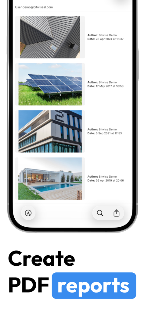 UploadCam. Company Camera - Mobile app interface showing the creation of professional PDF reports with field photos and timestamps