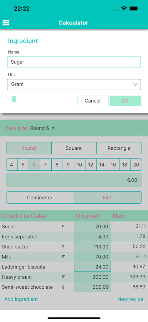 Interface of Cakeulator app showing ingredient adjustments for a 6 inch round cake pan