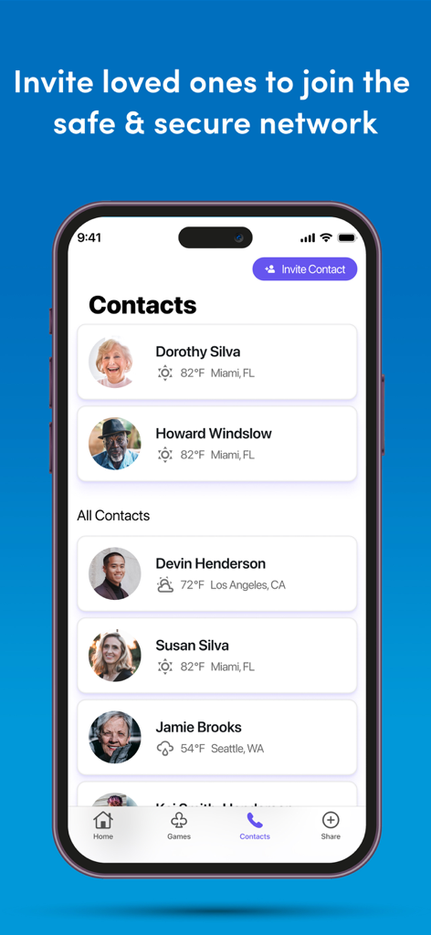 Screenshot of the GrandPad app contacts page showing a list of family members with their profile pictures and local weather updates