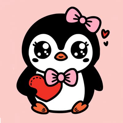 cute penguin with bow tie holding heart