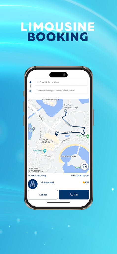 The Pearl Island - Limousine booking interface on The Pearl Island app showing a map and driver details.