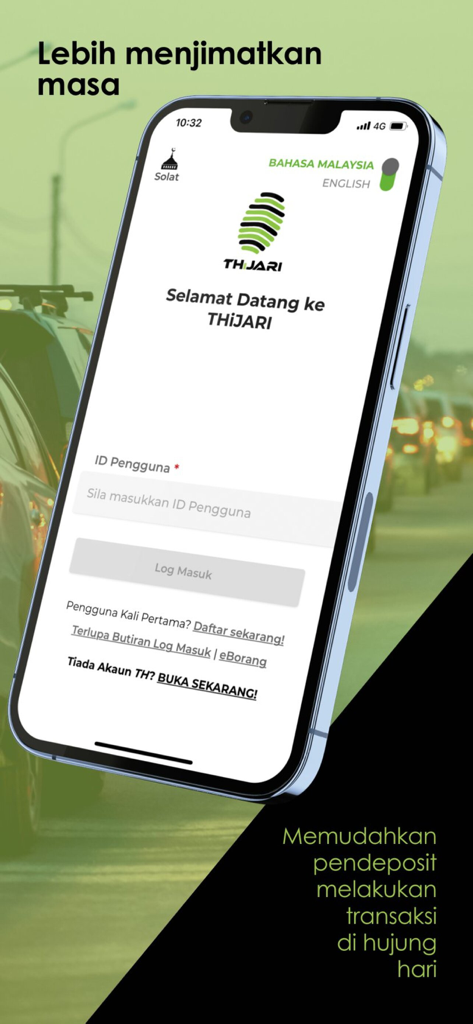 Anmeldebildschirm der THiJARI-Mobil-App für die Verwaltung von Tabung Haji-Konten.