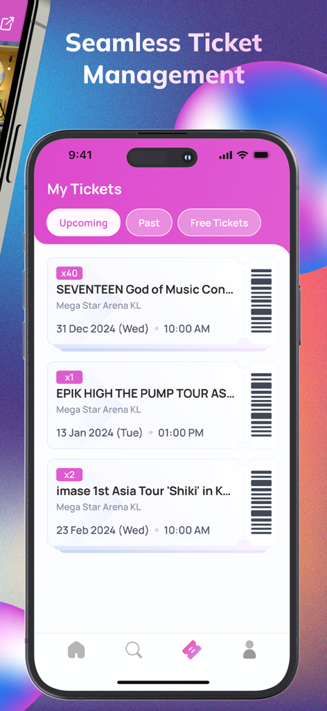Ticket2U - Ticket2U app interface displaying upcoming event tickets for concerts.
