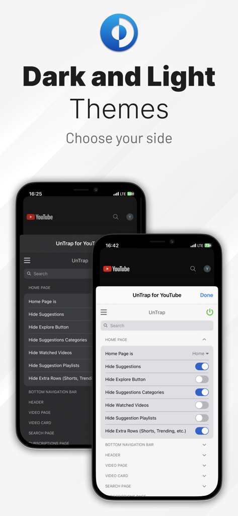 UnTrap for YouTube interface showing dark and light theme options for productivity settings on iPhone