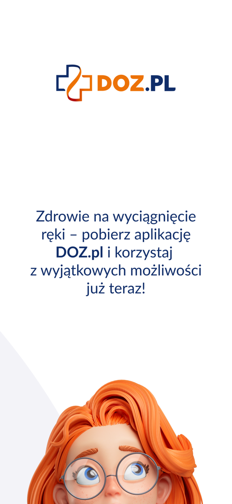 DOZ.pl pharmacy app splash screen with logo and illustrated female character