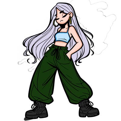 girl in baggy pants crop top and long hair