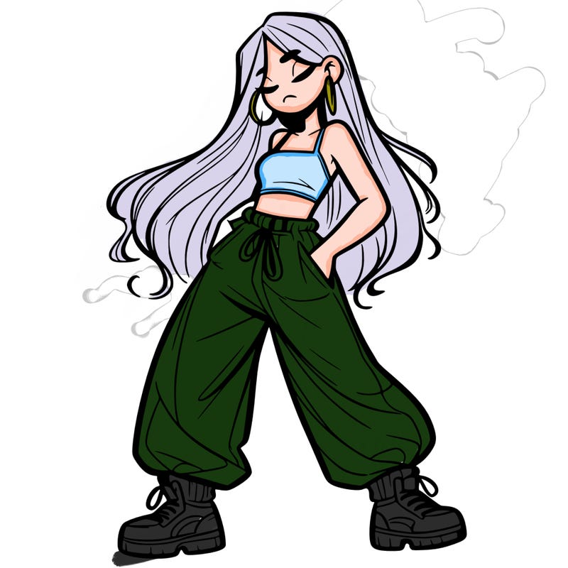 girl in baggy pants crop top and long hair