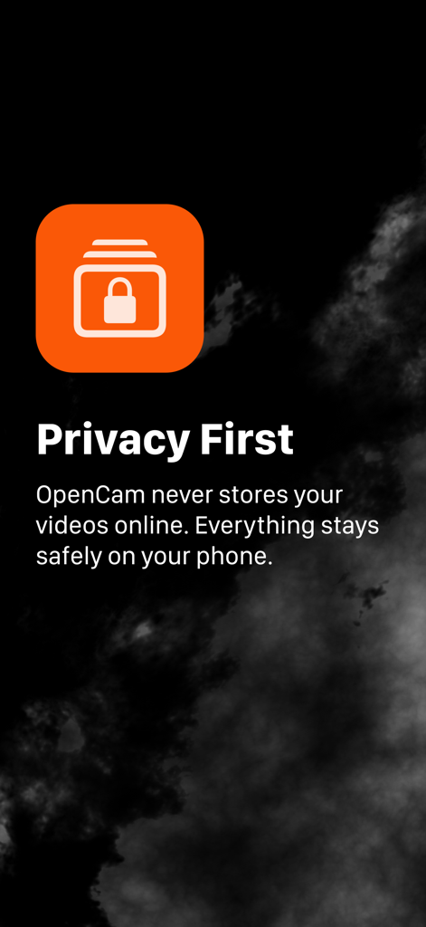 Screenshot of OpenCam app highlighting its privacy first feature and local storage.