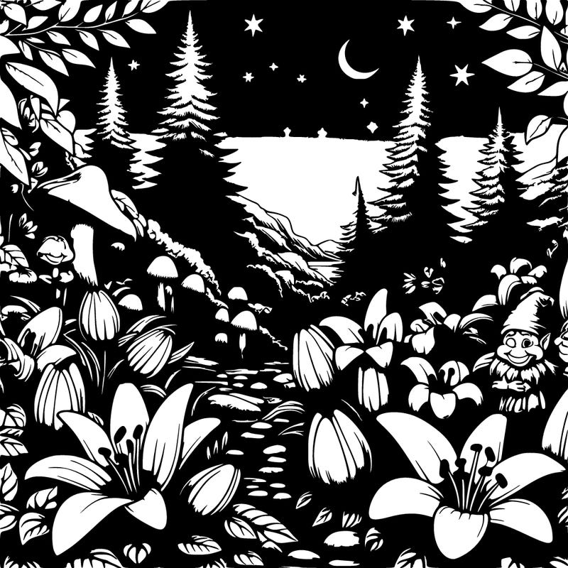 realistic lilly garden with a beautiful night sky and trolls