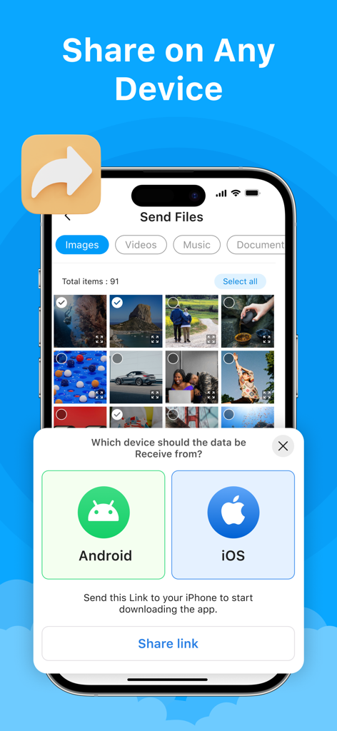 ShareAny: Smart File Sharing - Interfaz de la aplicación ShareAny para transferir archivos entre dispositivos Android e iOS