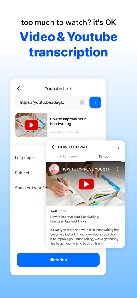 daglo, All-in-one AI - Interfaz de la aplicación Daglo que muestra un video de YouTube siendo convertido en un guion escrito
