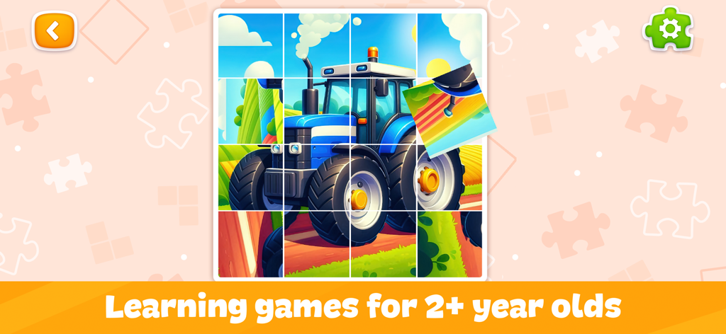 Puzzle Games for Kids & Babies - A blue tractor puzzle being solved in a learning game for toddlers.