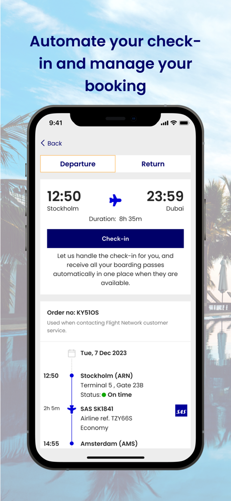 Flightnetwork - ストックホルムからドバイへのフライトの自動チェックインと予約詳細を表示するFlightnetworkモバイルアプリ画面
